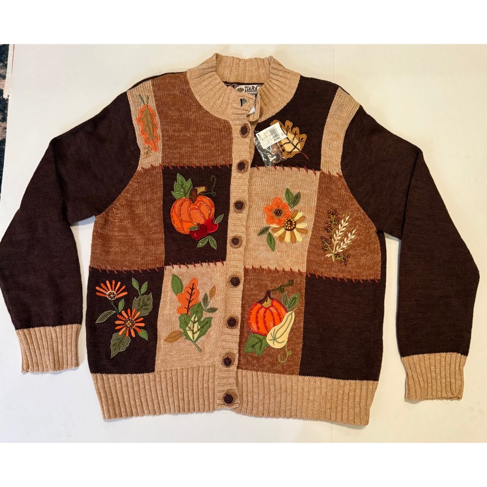 VTG Tiara International Harvest Sweater XL Brown Pumpkin Fall Cardigan NWT